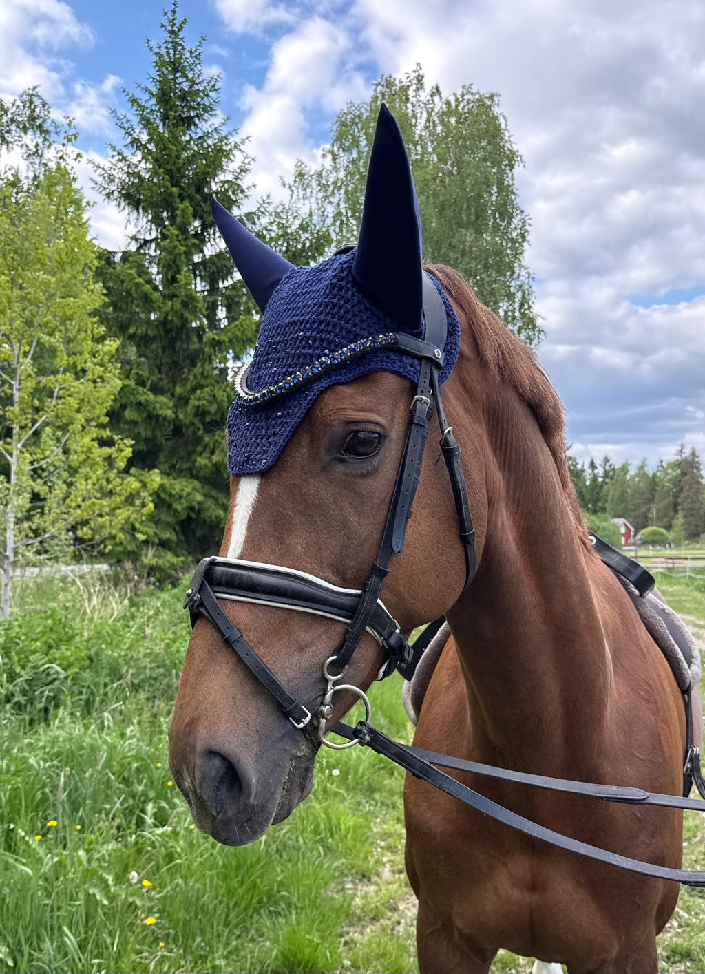 TUMMANSININEN NELIÖREUNAINEN KORVAHUPPU TUMMANSINISILLÄ STRASSEILLA