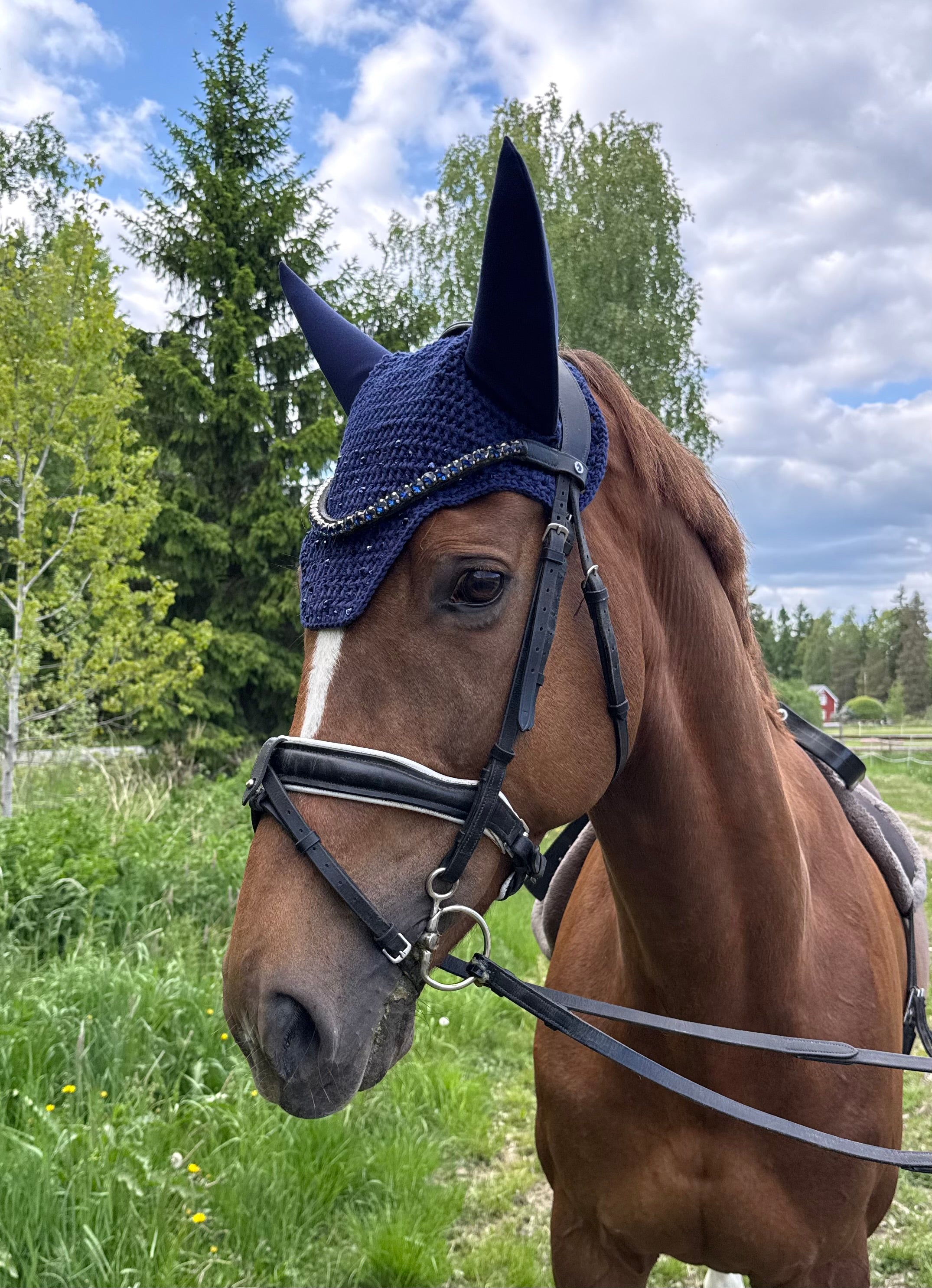 TUMMANSININEN NELIÖREUNAINEN KORVAHUPPU TUMMANSINISILLÄ STRASSEILLA